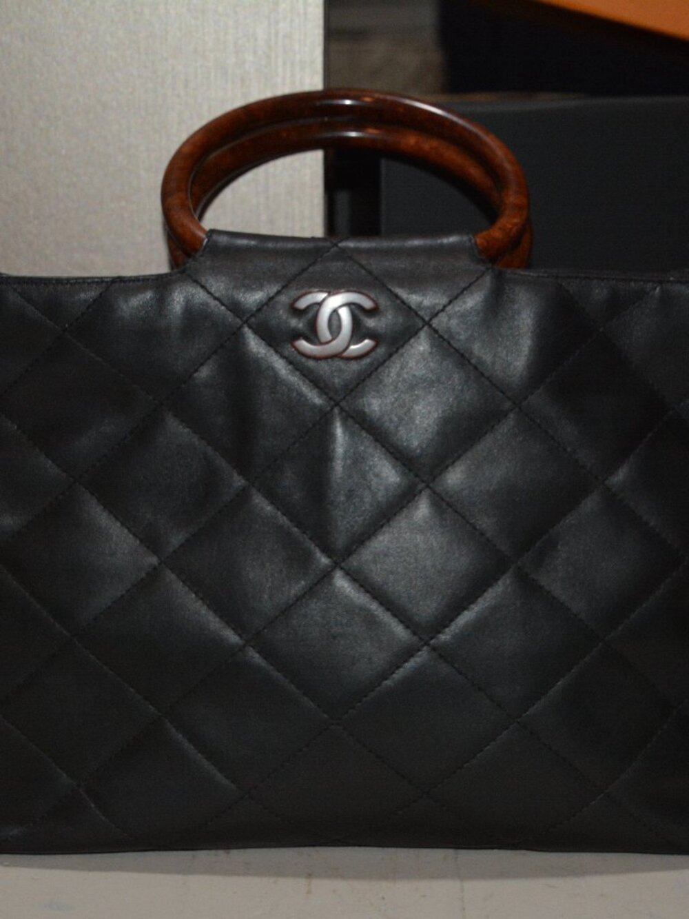 Vintage Chanel Quilted Tote Bag with tortoiseshell resin handle